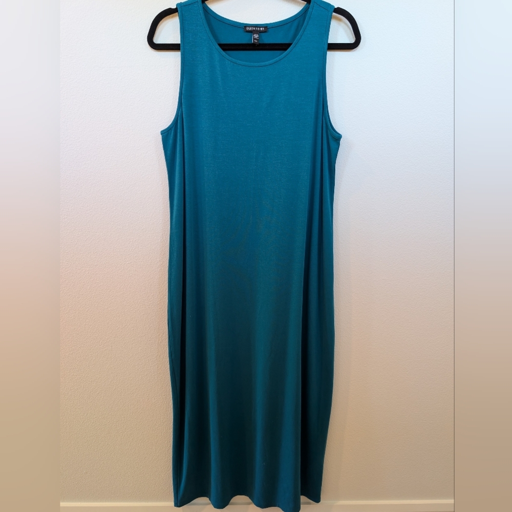 Eileen Fisher sleeveless tank maxi stretch sheath dress size medium aqua turquoi